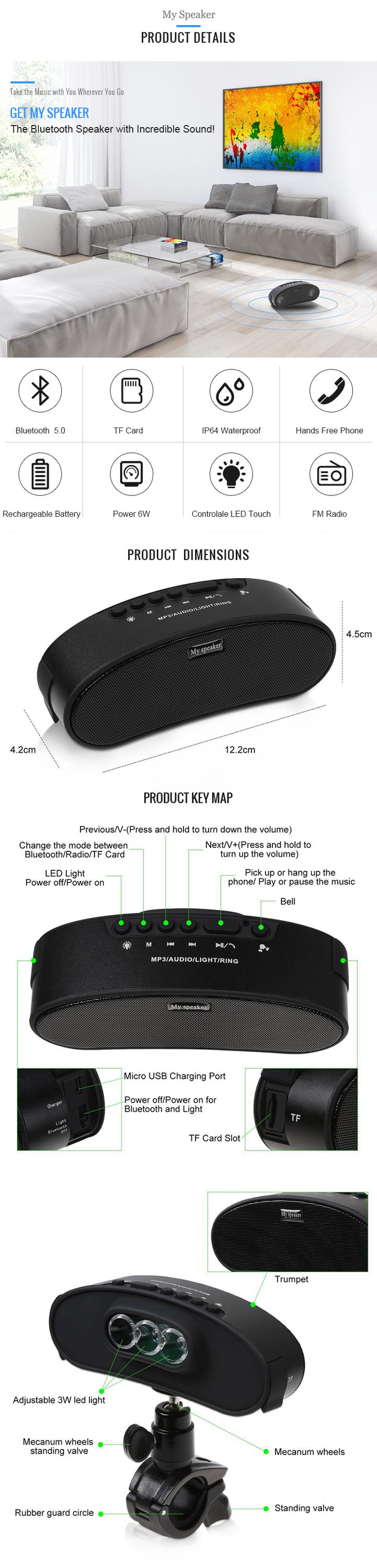 Bicycle Bluetooth Speaker With Headlight RC026B6(图1)